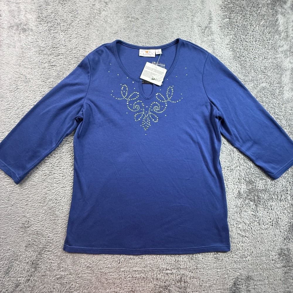 Quacker Factory Womens S Blue Rhinestone Embellished 3/4 Sleeve Knit Top NWT